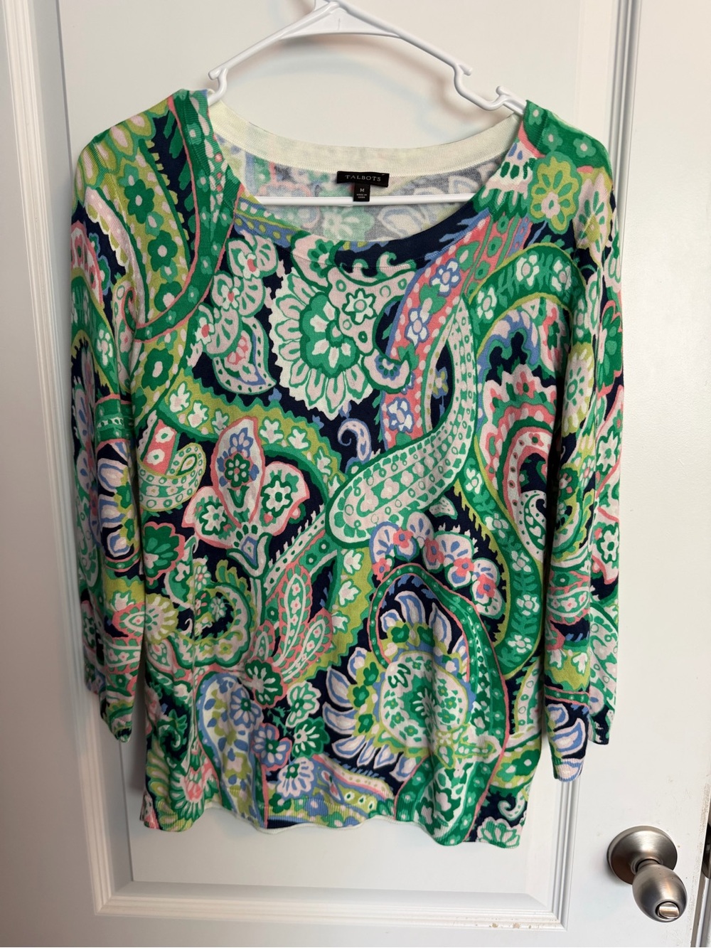 Talbots Paisley Knit Top Green Navy Coral Ruffle Hem Long Sleeve Size M